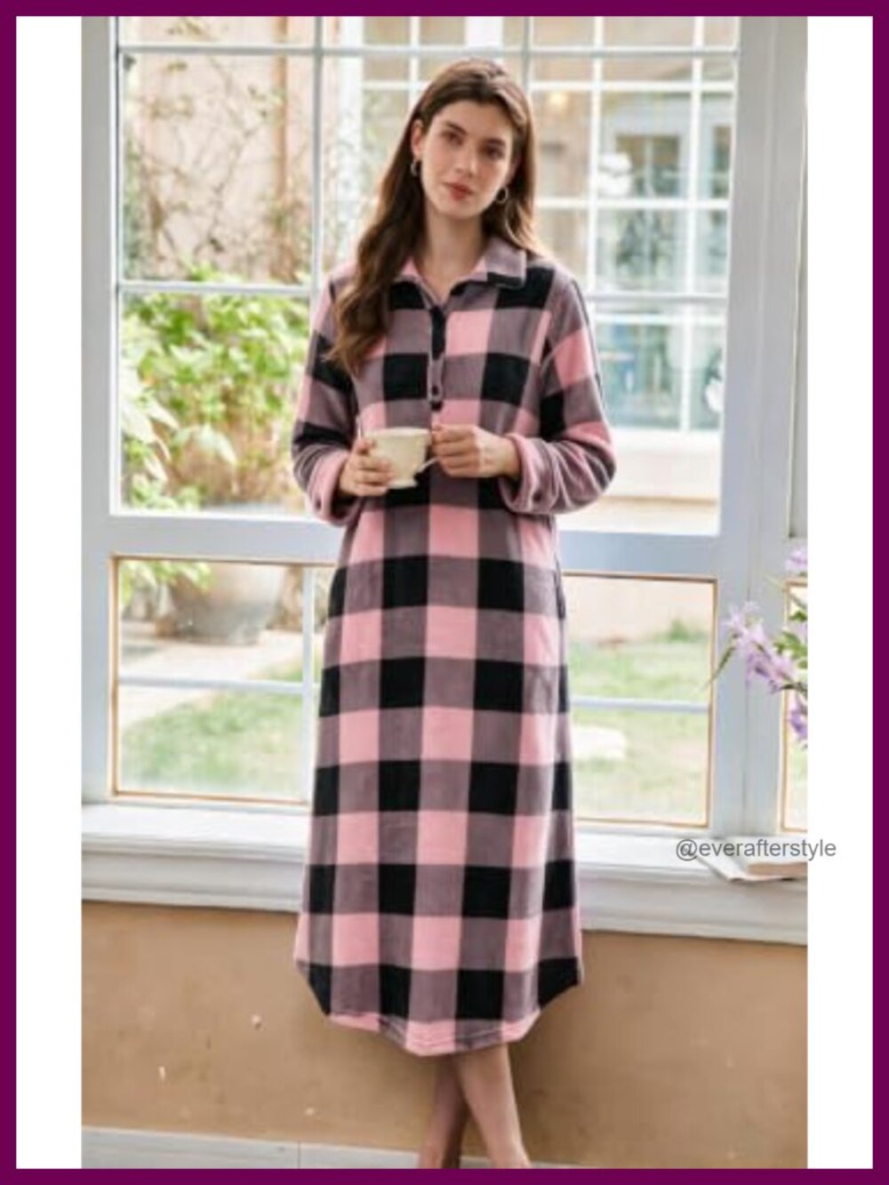 Flannel Nightgown Womens Long Sleeve Sleep Shirt with Pockets Calf Length - Picture 5 of 6